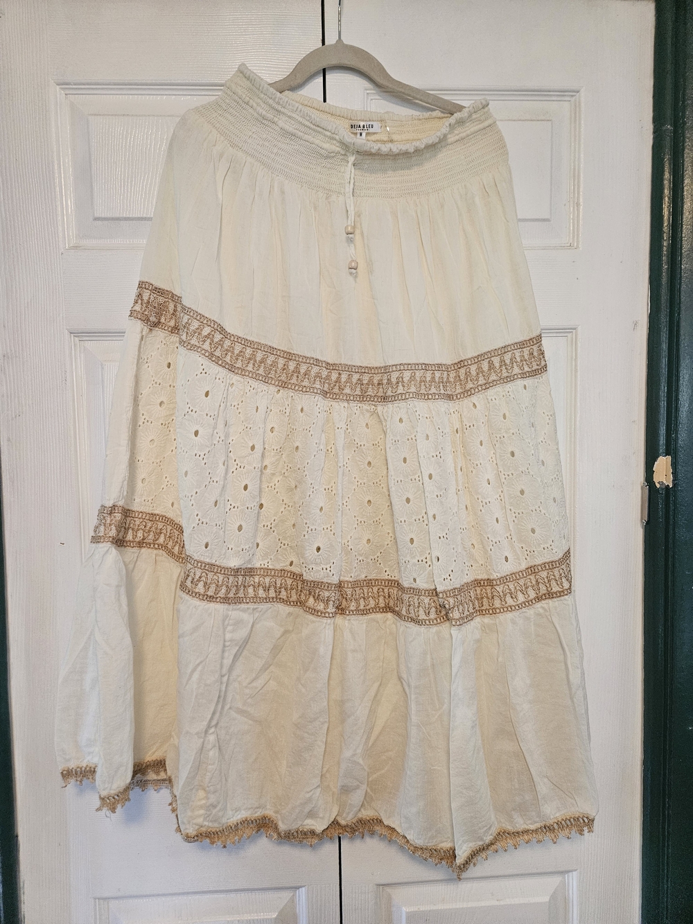 Bohemian Cream Eyelet Tiered Skirt with Brown Trim